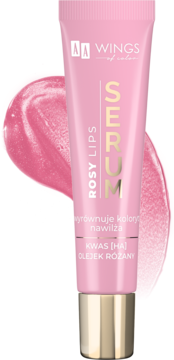 Różowe serum do ust AA Wings of Color Rosy Lips w tubce, widok z przodu, z różową smugą produktu.