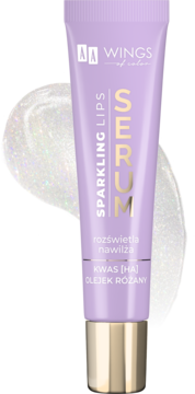 AA Wings of Color Sparkling Lips Serum w fioletowej tubce ze złotą zakrętką, widok z przodu na błyszczące smugi.