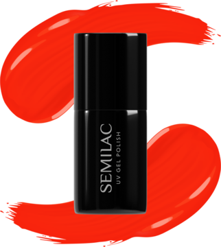 Czarne opakowanie lakieru Semilac 446 Yolo Orange UV Gel Polish, widok z przodu na tle pomarańczowej smugi.