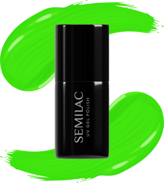 Front view of black Semilac 447 Loco Lime UV gel polish bottle on a bright neon green background.