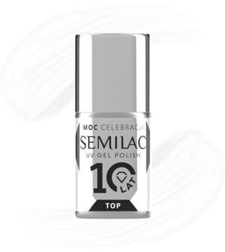 Przezroczysta butelka Semilac Top No Wipe UV Gel Polish z brokatem, srebrna nakrętka i logo 10 lat, widok z przodu.