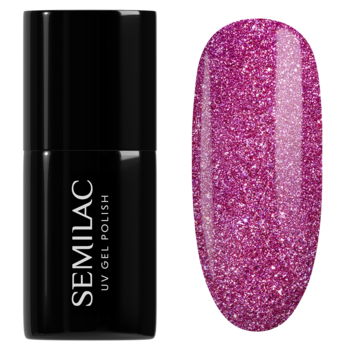 Semilac UV Gel Polish Flash Effect w czarnej butelce, obok wzornik z intensywnym, różowym multikolorowym brokatem.