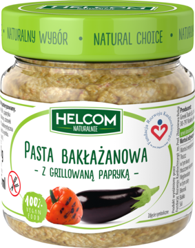 Słoik pasty bakłażanowej Helcom z grillowaną papryką, widok z przodu, zielona nakrętka.