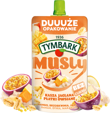 Pomarańczowo-beżowa saszetka Tymbark Musly, przecier owocowo-dyniowy bez cukru z kaszą i płatkami.