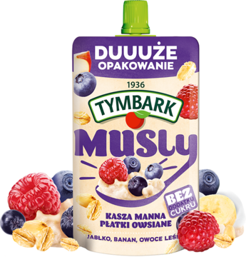 Tymbark Musly, fioletowa saszetka, duże opakowanie, mus wieloowocowy z kaszą manną i płatkami owsianymi, bez cukru.