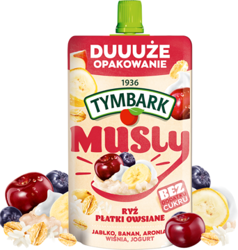 Frontalny widok dużej czerwono-kremowej saszetki Tymbark Musly, mus owocowy z ryżem i owsem, bez cukru.