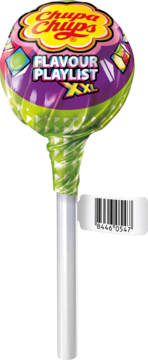 Lizak Chupa Chups XXL Flavour Playlist, fioletowo-zielony, z owocowymi smakami, widok z przodu.