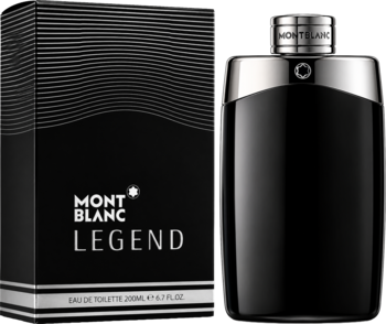 Montblanc Legend EDT dla mężczyzn, elegancka czarno-srebrna butelka obok pasującego pudełka, na ciemnym tle.