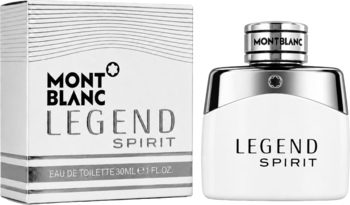 Mont Blanc Legend Spirit męska woda toaletowa, biała butelka i pudełko 30ml, z logo, widok z przodu.