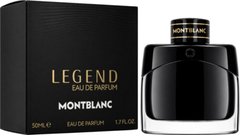 Montblanc Legend EDP męska woda perfumowana. Czarny flakon z metalowym kołnierzem obok pudełka, widok z przodu.