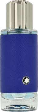 Mont Blanc Explorer Ultra Blue woda perfumowana w granatowej, teksturowanej butelce ze srebrną nakrętką, widok z przodu.