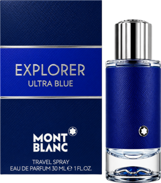 Mont Blanc Explorer Ultra Blue woda perfumowana męska 30ml. Niebieska butelka i pudełko z logo, widok z przodu.