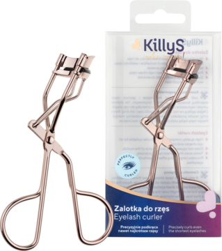 Rose gold zalotka do rzęs KillyS w przezroczystym opakowaniu, widok z przodu. Precyzyjnie podkręca nawet krótkie rzęsy.