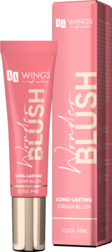 Różowy długotrwały róż w kremie Wings of Color Wonder Blush Cool Pink w tubce i dopasowanym pudełku.