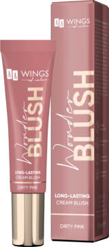 Długotrwały róż WINGS Wonder BLUSH Dirty Pink: różowa tubka ze złotą nakrętką i pudełko, widok z przodu.