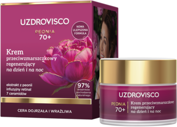 Uzdrovisco Peonia 70+ Przeciwzmarszczkowy krem regenerujący, w opakowaniu i otwartym słoiczku z przodu.