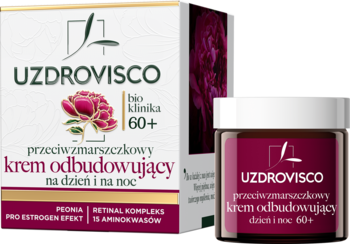 Ciemnoróżowy słoik kremu UZDROWISCO 60+ przeciwzmarszczkowego, obok biały kartonik z peonią, widok z przodu.
