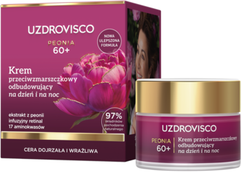 Krem przeciwzmarszczkowy Uzdrovisco Peonia 60+ w złotym słoiczku i otwarte bordowe pudełko z grafiką piwonii.