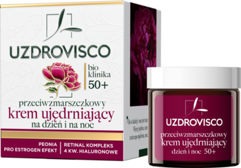 Uzdrovisco przeciwzmarszczkowy krem ujędrniający 50+ w ciemnoróżowym słoiczku i biało-różowym pudełku, widok z przodu.