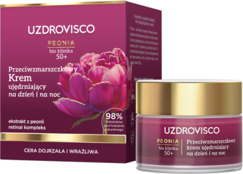 Uzdrovisco Peonia 50+ krem przeciwzmarszczkowy ujędrniający. Różowy słoiczek ze złotą nakrętką i otwarte pudełko.