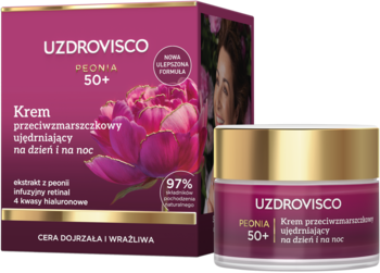 UZDROVISCO PEONIA 50+ przeciwzmarszczkowy krem ujędrniający na dzień/noc. Ciemnoróżowy słoiczek ze złotą nakrętką i pudełko, widok z przodu.