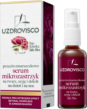 UZDROVISCO serum mikrozastrzyk 50-70+ w burgundowej butelce obok białego opakowania z peonią.