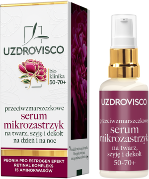 UZDROVISCO przeciwzmarszczkowe serum 50-70+ w białej butelce z złotą pompką i pasującym pudełkiem z piwonią.