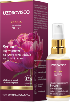 Uzdrovisco Peonia 50-70+ Serum mikrozastrzyk, różowa butelka z pompką i pudełko z peonią.