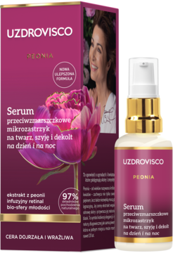 Uzdrovisco Peonia Serum przeciwzmarszczkowe mikrozastrzyk na dzień i noc, butelka z pompką, różowy kartonik.