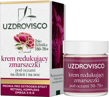 Krem pod oczy Uzdrovisco 50-70+ z Retinalem, Peonią, na zmarszczki. Bordowy słoiczek, z tyłu pudełko z piwonią.
