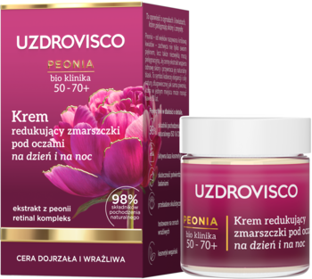 Krem pod oczy UZDROVISCO PEONIA 50-70+ w różowym słoiczku i pudełku, redukujący zmarszczki, widok z przodu.