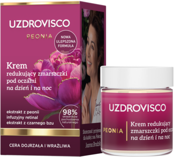 Uzdrovisco Peonia krem pod oczy redukujący zmarszczki na dzień/noc. Słoik i kartonik, 98% naturalny.