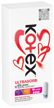 Kotex Ultrasorb Super tampony, białe opakowanie 16 sztuk, z czerwonym logo i napisem 0% leaks, widok z przodu.