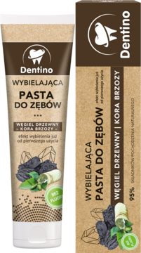 Tubka i kartonik Dentino wybielającej pasty do zębów z węglem i korą brzozy, bez fluoru, widok z przodu.