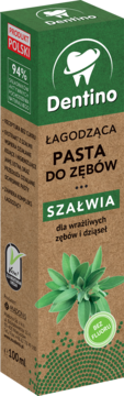 Pudełko pasty Dentino Szałwia, łagodzącej dla wrażliwych zębów i dziąseł, bez fluoru, widok z przodu.