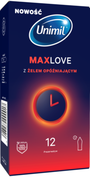 Pionowe opakowanie prezerwatyw Unimil MaxLove z żelem opóźniającym, 12 sztuk, ciemnoniebieskie, z zegarem.