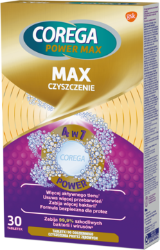 Złoto-fioletowe opakowanie Corega Power Max 4w1, tabletki do czyszczenia protez. Widok z przodu, 30 tabletek.