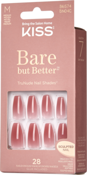 KISS Bare but Better TruNude Nails w pudroworóżowym opakowaniu, 28 sztucznych paznokci nude z efektem ombre, widok z przodu.