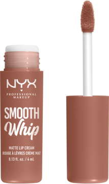 Zbliżenie na otwarty NYX Smooth Whip Matte Lip Cream w odcieniu nude, z widocznym aplikatorem. Matowy beżowo-brązowy kolor.