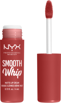 NYX Smooth Whip Matte Lip Cream w koralowym odcieniu, otwarta tubka z widocznym aplikatorem matowej szminki.