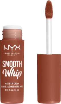 NYX Smooth Whip Matte Lip Cream w brązowym matowym odcieniu, otwarta butelka z aplikatorem. Widok z przodu.