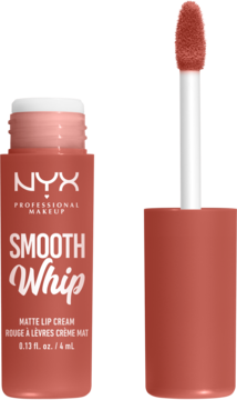 NYX Smooth Whip Matte Lip Cream w odcieniu terakoty, otwarty flakonik z aplikatorem na pierwszym planie.