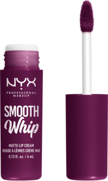 NYX Smooth Whip Matte Lip Cream, głęboki fiolet, otwarta tubka z aplikatorem obok. Matowy krem do ust.