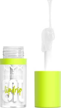 NYX Fat Oil Lip Drip, przezroczysta butelka z neonową zakrętką, wyciągnięty aplikator z błyszczącym olejkiem.