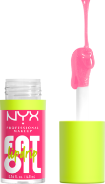Zbliżenie na różowy NYX Fat Oil Lip Drip, z neonowym opakowaniem i kapiącym aplikatorem z olejkiem.