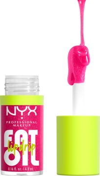NYX Fat Oil Lip Drip, intensywnie różowy olejek do ust. Otwarta butelka z aplikatorem pełnym lśniącego produktu.