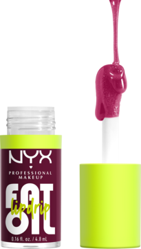 NYX Fat Oil Lip Drip: otwarta butelka z purpurowym olejkiem i wyjętym aplikatorem z kroplą produktu.