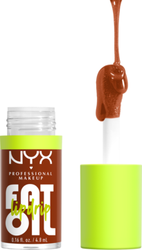 Otwarty NYX Fat Oil Lip Drip w brązowej buteleczce. Neonowa zakrętka obok, aplikator z soczystym, brązowym olejkiem.
