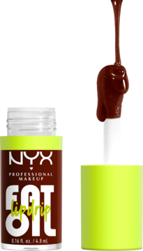NYX Fat Oil olejek do ust, brązowa butelka z neonowym korkiem, aplikator kapiący brunatnym płynem.
