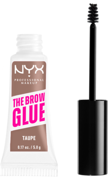 NYX The Brow Glue Taupe, klej do brwi w białej tubce z napisami i czarnym aplikatorem obok.